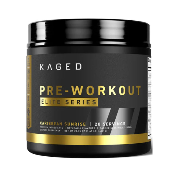 A black plastic tub of Kaged Pre-Workout Elite Series in Caribbean Sunrise flavor, featuring a black label with gold and white text and a gold stripe at the bottom, set against a plain white background.