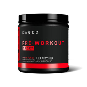 A black plastic tub of Kaged Pre-Workout Sport in Fruit Punch flavor, featuring a black label with red and white text, set against a plain white background.