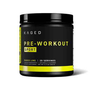 A black plastic tub of Kaged Pre-Workout Sport in Mango Lime flavor, featuring a black label with yellow and white text, set against a plain white background.