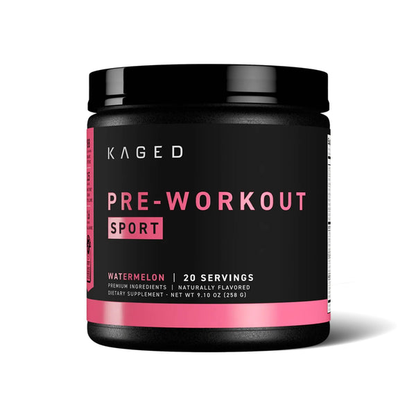 A black plastic tub of Kaged Pre-Workout Sport in Watermelon flavor, featuring a black label with pink and white text, set against a plain white background.