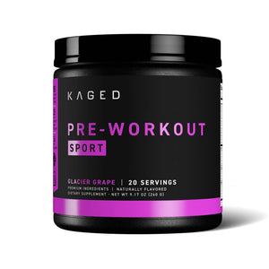 A black plastic tub of Kaged Pre-Workout Sport in Glacier Grape flavor, featuring a black label with vibrant magenta text and accents, set against a plain white background.