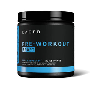 A black plastic tub of Kaged Pre-Workout Sport in Blue Raspberry flavor, featuring a black label with blue and white text, set against a plain white background.