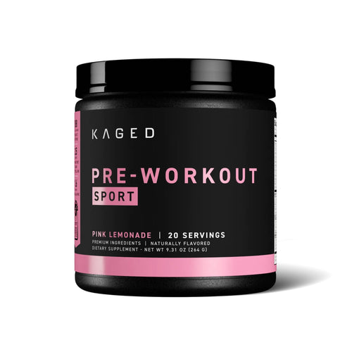 A black plastic tub of Kaged Pre-Workout Sport in Pink Lemonade flavor, featuring a black label with pink and white text, set against a plain white background.