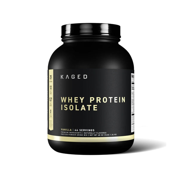 A black plastic tub of Kaged Whey Protein Isolate in vanilla flavor, shown on a clean white background with a soft shadow.