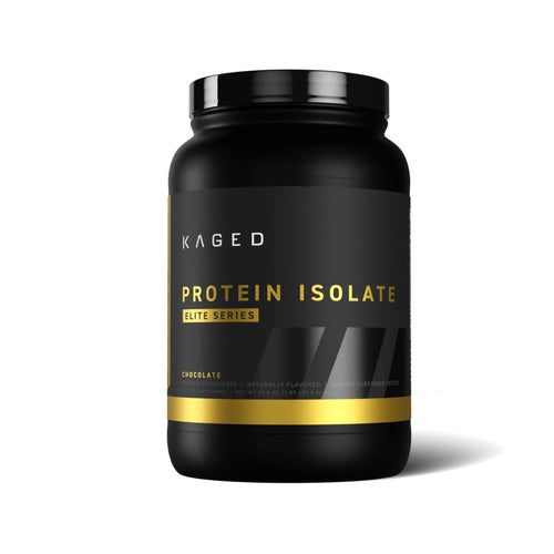 A black plastic tub of Kaged Protein Isolate Elite Series chocolate flavor on a clean white background.