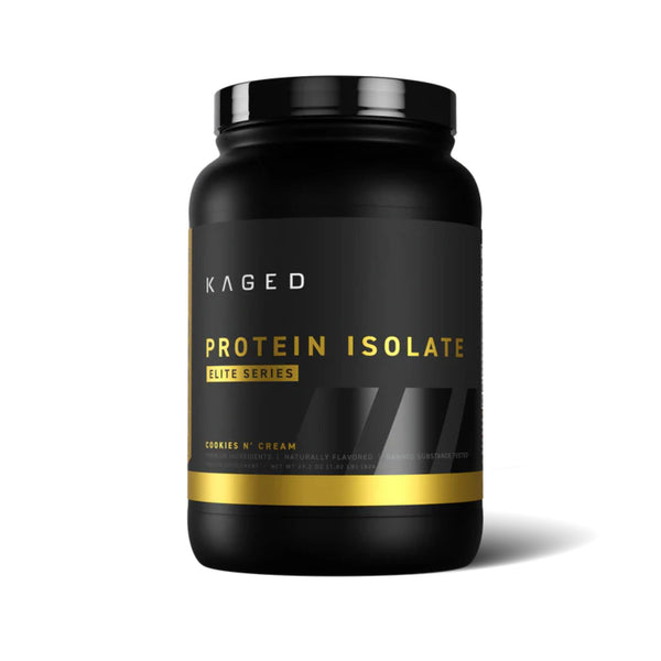 A black plastic tub of Kaged Protein Isolate Elite Series in Cookies & Cream flavor, shown on a clean white background with a soft shadow.