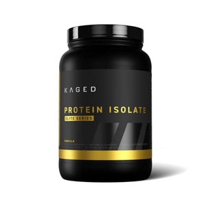 A black plastic tub of Kaged Protein Isolate Elite Series in vanilla flavor, featuring a black label with gold and white text and a gold accent band, set against a plain white background.