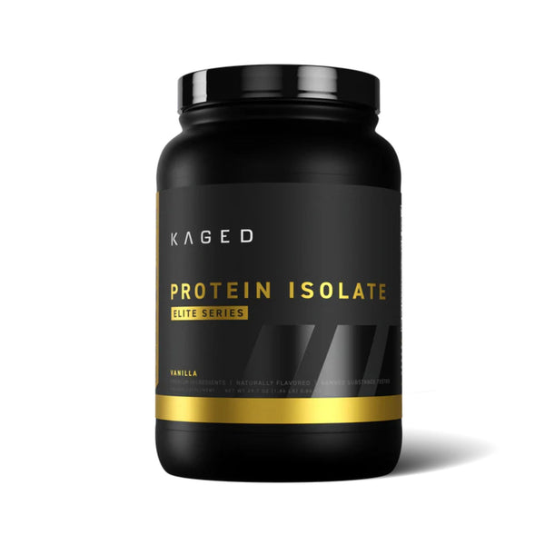 A black plastic tub of Kaged Protein Isolate Elite Series in vanilla flavor, featuring a black label with gold and white text and a gold accent band, set against a plain white background.