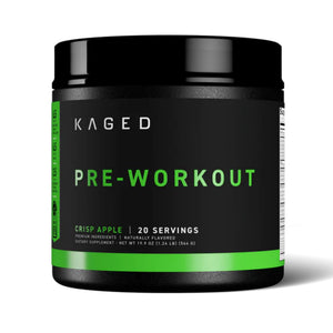 A black plastic tub of Kaged Pre-Workout supplement in Crisp Apple flavor, featuring a black label with green and white text and a bright green band at the bottom.