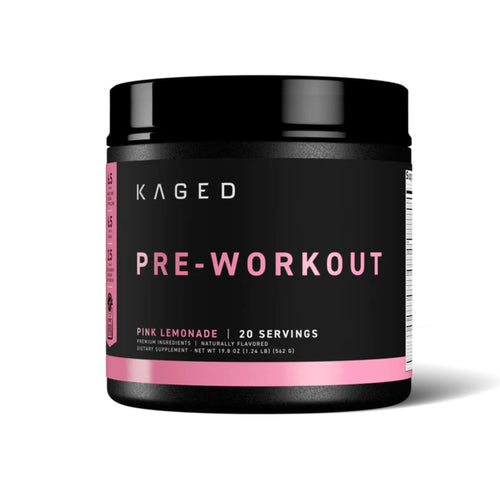 A black tub of Kaged Pre-Workout supplement in Pink Lemonade flavor, featuring a black label with pink and white text, set against a plain white background.