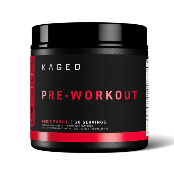 A black plastic tub of KAGED Pre-Workout supplement in Fruit Punch flavor, featuring a black label with red and white text, set against a plain white background.
