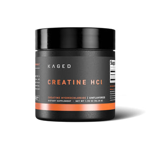 A black plastic tub of Kaged Creatine HCl dietary supplement with a black lid, featuring orange and white text on the label, set against a plain white background with a soft shadow.