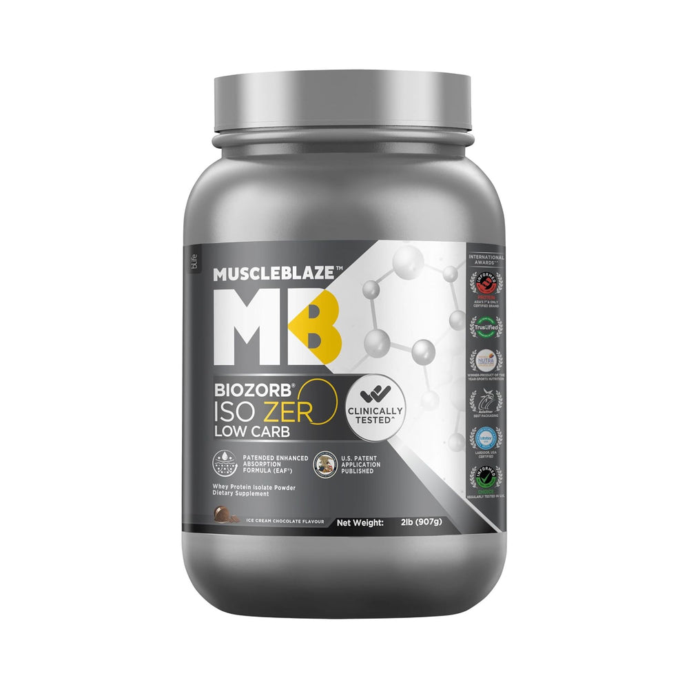 MuscleBlaze BioZorb ISO Zero Low Carb supplement powder in a 23 lb (10.70 kg) silver plastic tub with a matching silver lid, shown on a plain white background.