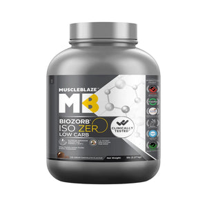 MuscleBlaze Biozorb ISO ZER Low Carb protein powder tub in chocolate flavor, 5 lb container on a white background.