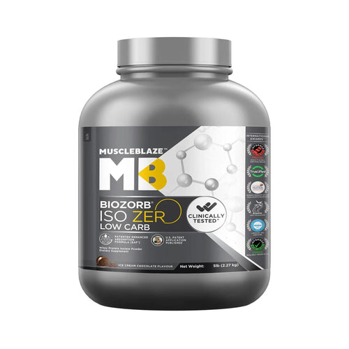 MuscleBlaze Biozorb ISO ZER Low Carb protein powder tub in chocolate flavor, 5 lb container on a white background.