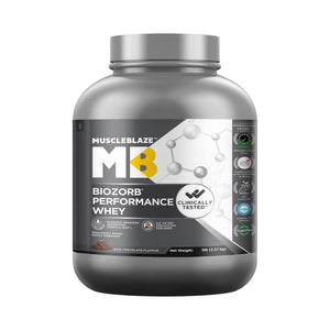 Muscleblaze Biozorb Performance Whey protein powder tub in dark chocolate flavor, 350 g (12.27 kg).
