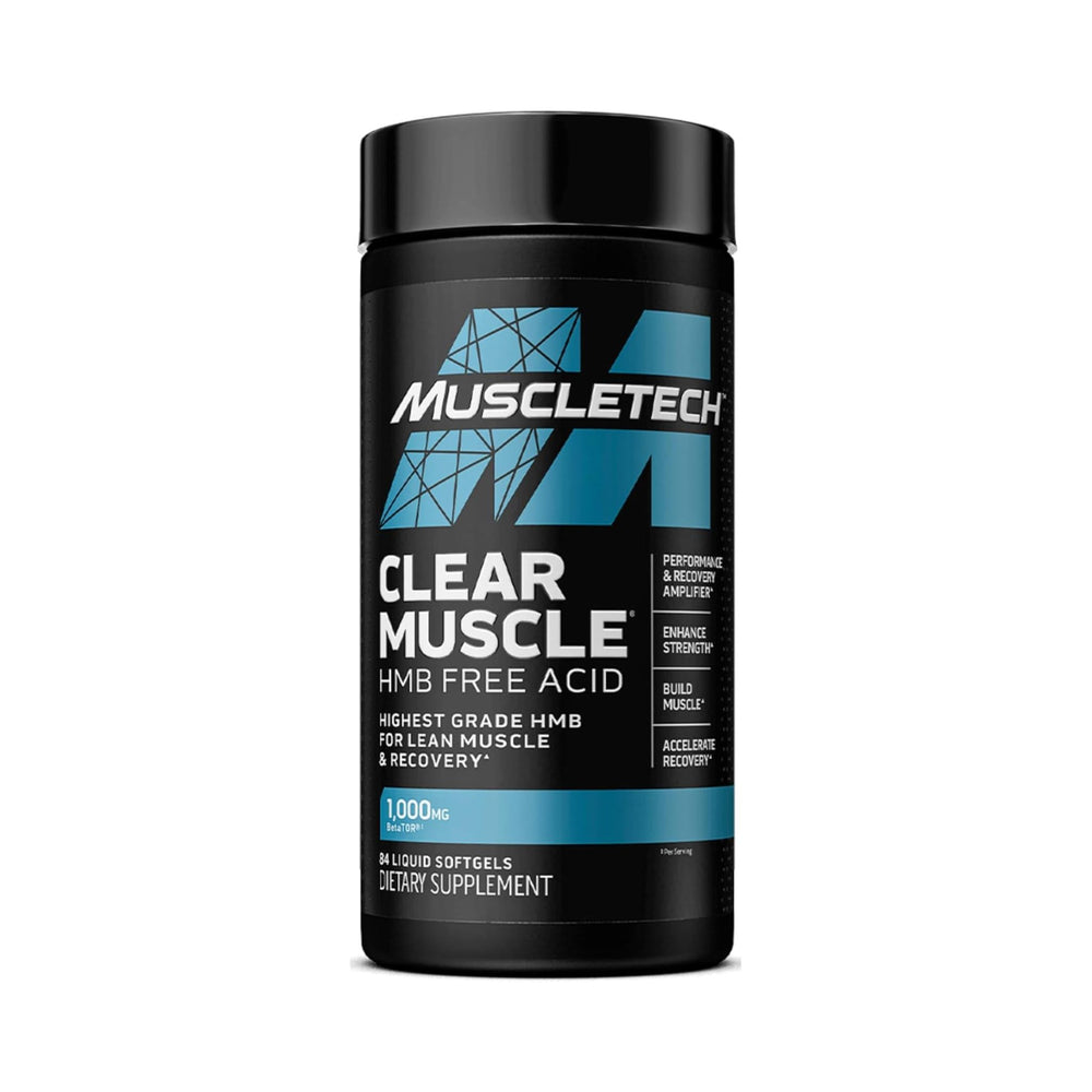 Muscletech Clear Muscle HMB Free Acid dietary supplement in a black plastic bottle with a black cap, featuring a black and blue label, on a white background.