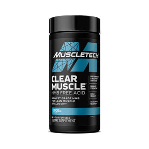 Muscletech Clear Muscle HMB Free Acid dietary supplement in a black plastic bottle with a black cap, featuring a black and blue label, on a white background.