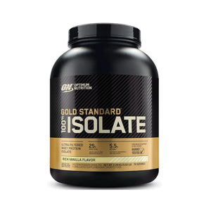 A black tub of Optimum Nutrition Gold Standard 100% Isolate protein powder in Rich Vanilla Flavor, shown on a clean white background.