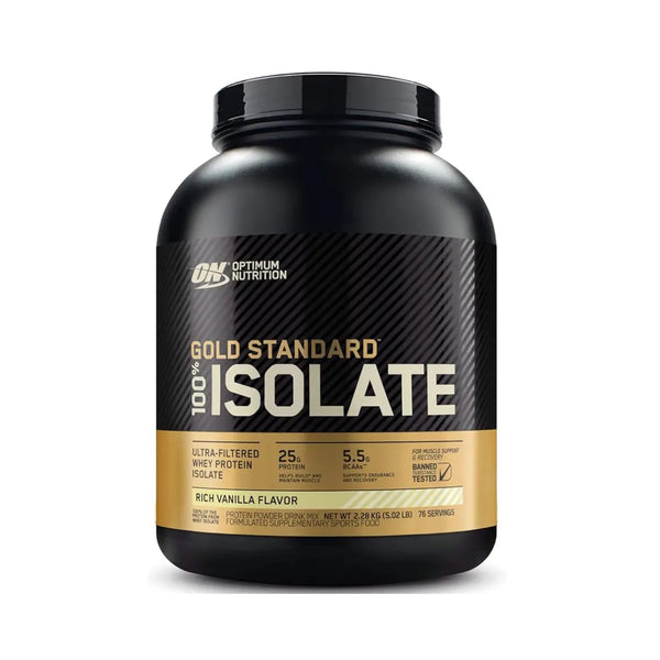 A black tub of Optimum Nutrition Gold Standard 100% Isolate protein powder in Rich Vanilla Flavor, shown on a clean white background.