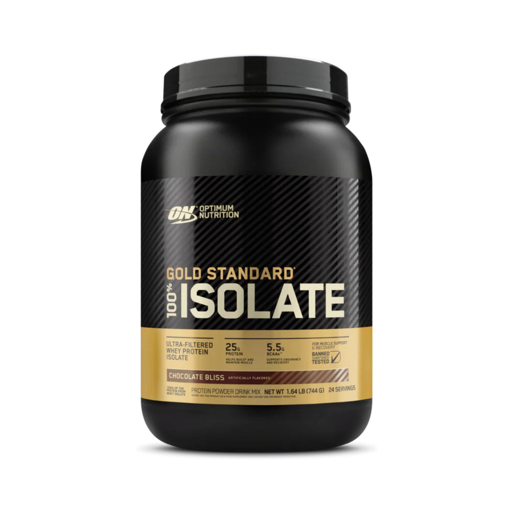 Optimum Nutrition Gold Standard 100% Isolate protein powder container on a white background