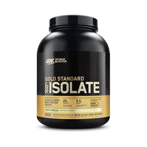 A black tub of Optimum Nutrition Gold Standard 100% Isolate protein powder in Rich Vanilla flavor, shown on a clean white background.