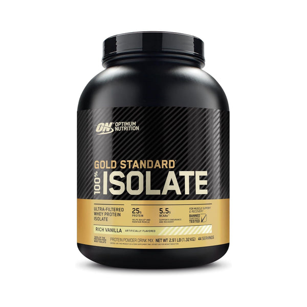 A black tub of Optimum Nutrition Gold Standard 100% Isolate protein powder in Rich Vanilla flavor, shown on a clean white background.