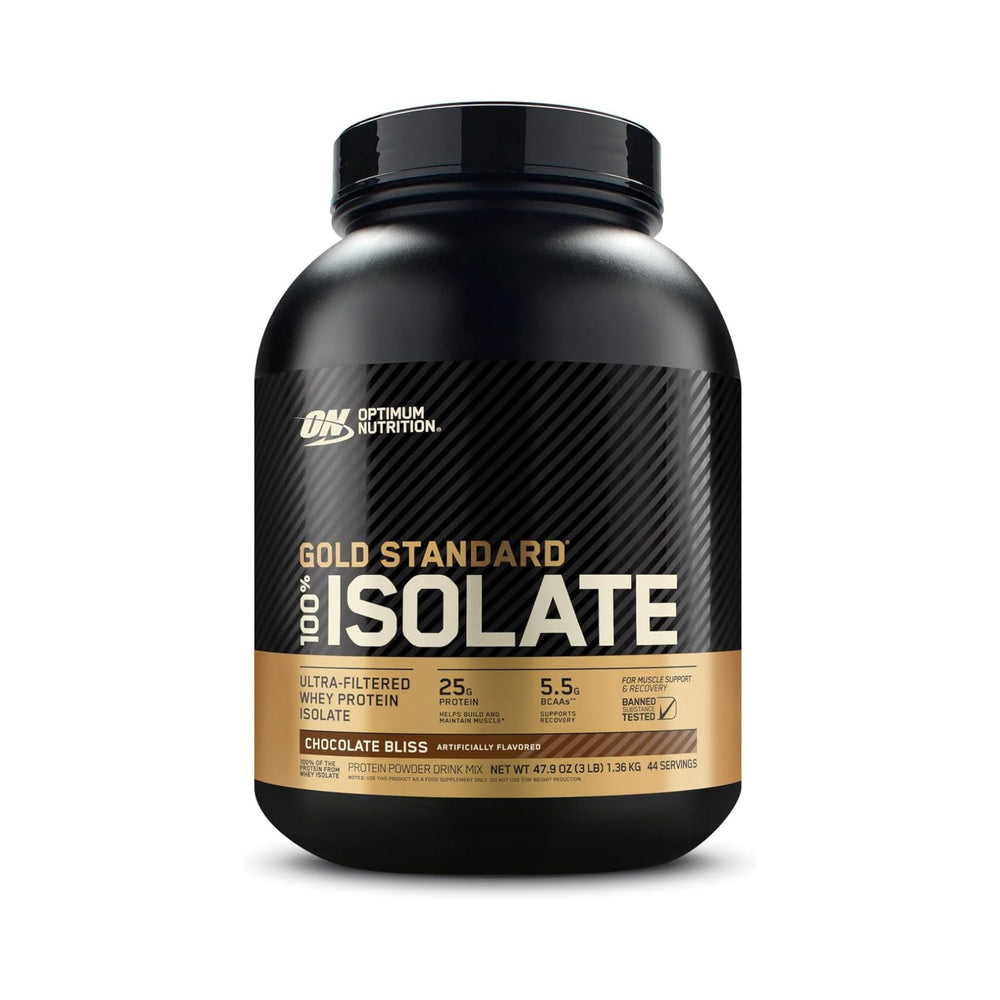 Optimum Nutrition Gold Standard 100% Isolate Chocolate Bliss flavor protein powder tub on a white background.