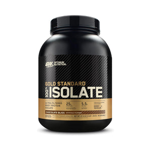 Optimum Nutrition Gold Standard 100% Isolate Chocolate Bliss flavor protein powder tub on a white background.