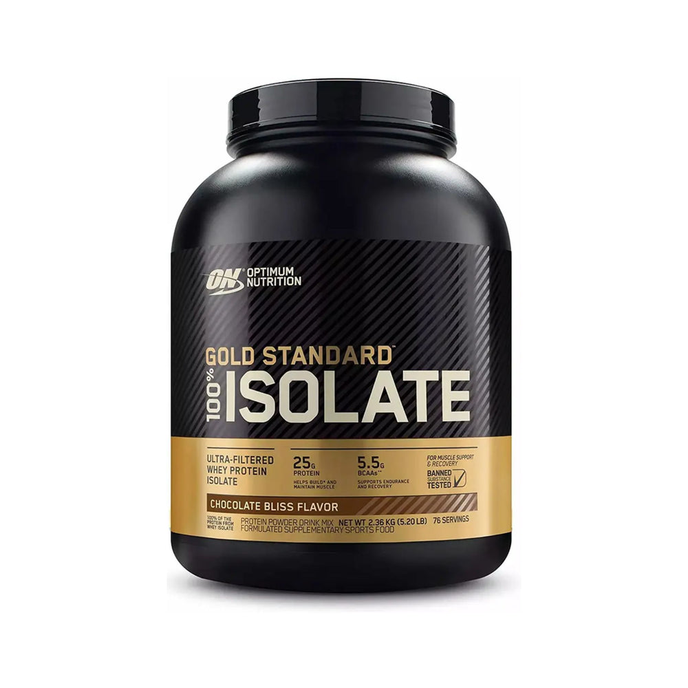 A black tub of Optimum Nutrition Gold Standard 100% Isolate protein powder in Chocolate Bliss flavor, shown on a clean white background.