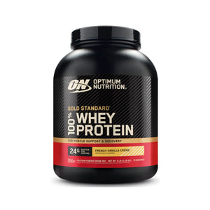 Optimum Nutrition 100% Whey Protein powder tub in French Vanilla Crème flavor, 730g container on a white background.