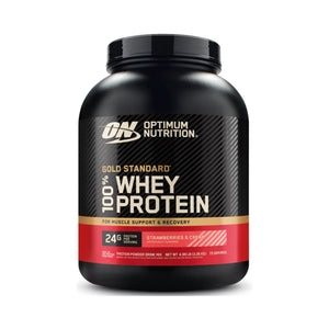 A black plastic tub of Optimum Nutrition 100% Whey Protein powder in the Gold Standard flavor, with a black lid, on a clean white background.