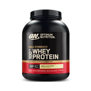 A black tub of Optimum Nutrition Gold Standard 100% Whey Protein in Vanilla Ice Cream flavor, shown on a clean white background.