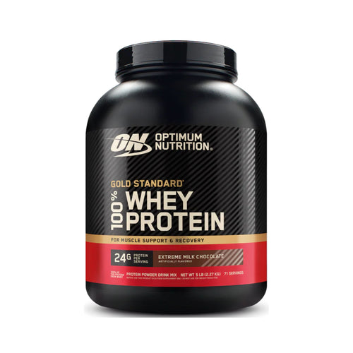 Optimum Nutrition Gold Standard 100% Whey Protein in a large black tub with a red and gold label, on a white background.
