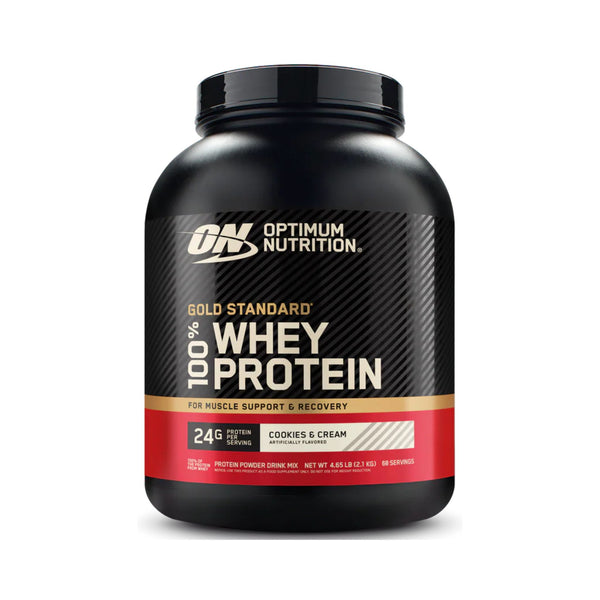 A black plastic tub of Optimum Nutrition Gold Standard 100% Whey Protein Cookies and Cream, featuring a black and red label with white and gold text, on a solid white background.