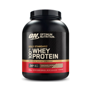 A black tub of Optimum Nutrition Gold Standard 100% Whey Protein in Chocolate Coconut flavor, shown on a clean white background.