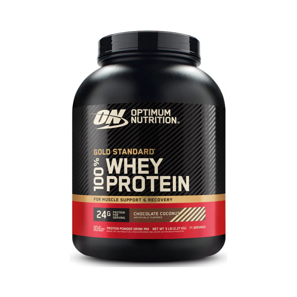 A black tub of Optimum Nutrition Gold Standard 100% Whey Protein in Chocolate Coconut flavor, shown on a clean white background.