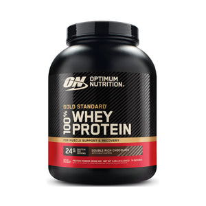 A black tub of Optimum Nutrition Gold Standard 100% Whey Protein in Double Rich Chocolate flavor, shown on a clean white background.