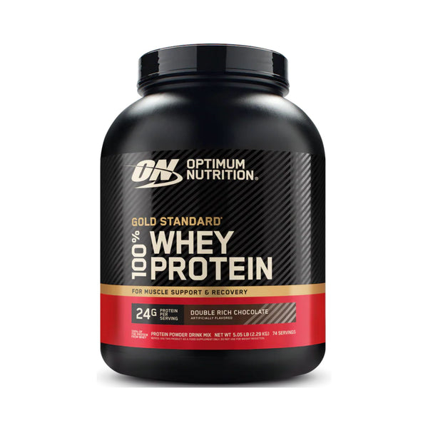 A black tub of Optimum Nutrition Gold Standard 100% Whey Protein in Double Rich Chocolate flavor, shown on a clean white background.