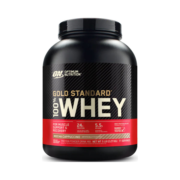 Optimum Nutrition Gold Standard 100% Whey protein powder tub in Mocha Cappuccino flavor, 5 lb container on a white background.