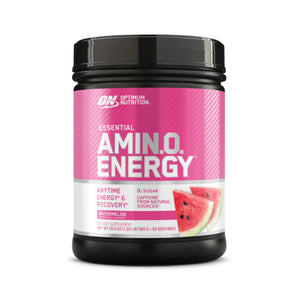 Optimum Nutrition Essential Amino. Energy in Watermelon flavor, in a black plastic tub with a pink and white label.