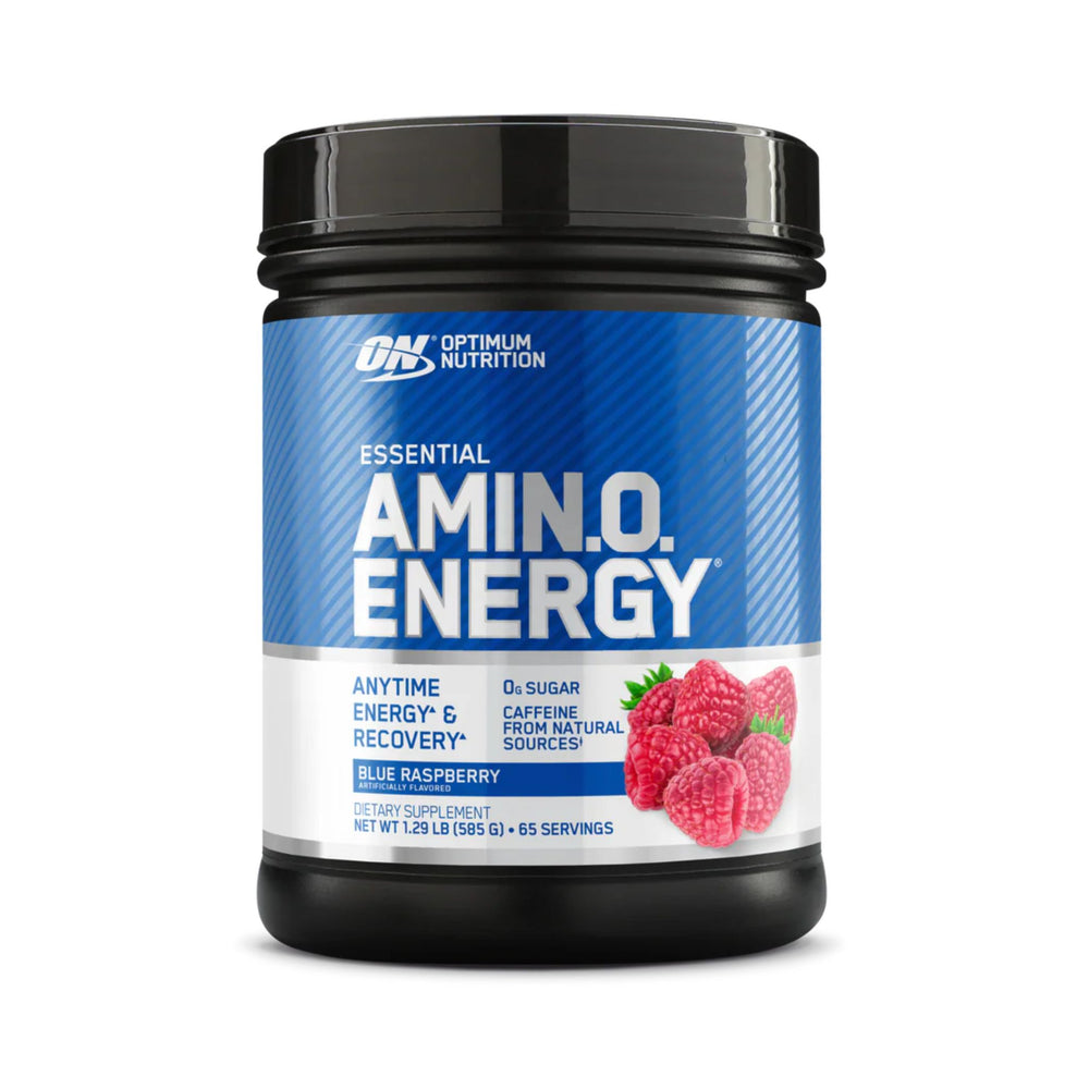 Optimum Nutrition Essential Amino. Energy in Blue Raspberry flavor, in a black plastic tub with a blue and white label, on a white background.