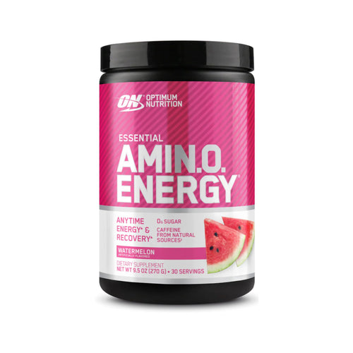 Optimum Nutrition Essential Amin.O. Energy watermelon flavor dietary supplement tub on a white background.