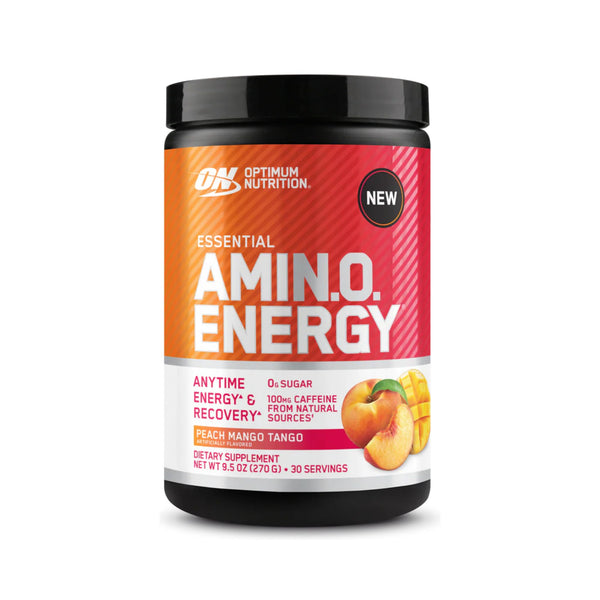 Optimum Nutrition Essential Amino. Energy dietary supplement in Peach Mango Tango flavor, in a black plastic tub with a red and orange label.