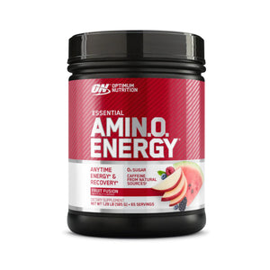 Optimum Nutrition Essential Amin.O. Energy Fruit Fusion dietary supplement tub on a white background.