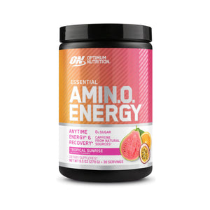Optimum Nutrition Essential Amino.O. Energy Tropical Sunrise dietary supplement tub on a white background.