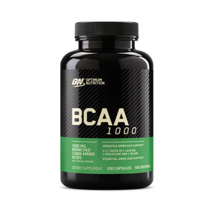 A black bottle of Optimum Nutrition BCAA 1000 dietary supplement with a black ribbed cap, featuring a black and green label with white text.