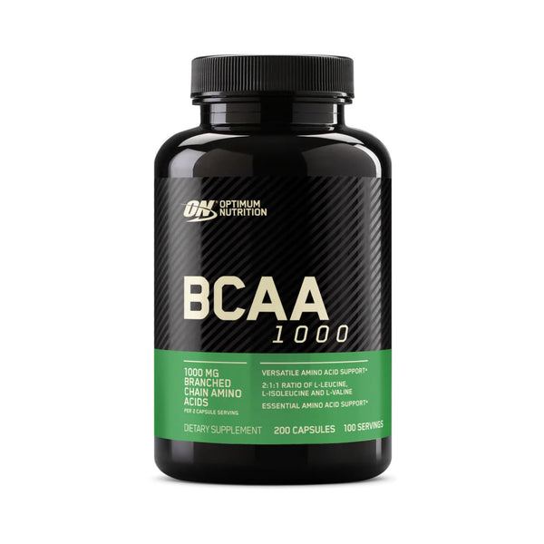 A black bottle of Optimum Nutrition BCAA 1000 dietary supplement with a black ribbed cap, featuring a black and green label with white text.