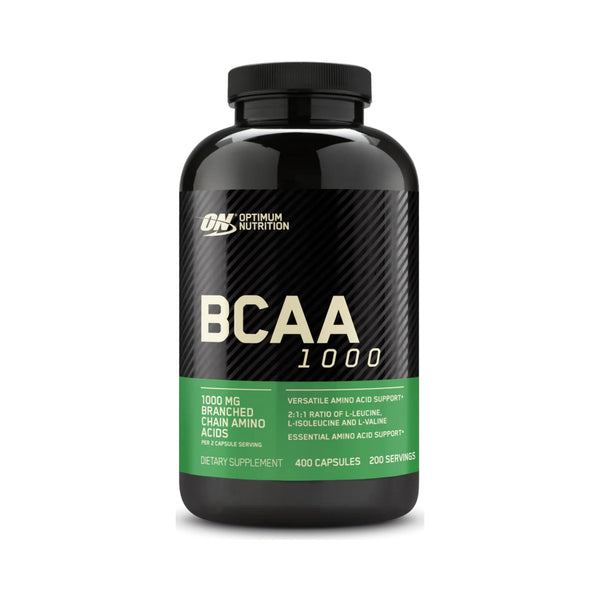 A black plastic bottle of Optimum Nutrition BCAA 1000 dietary supplement with a black cap, featuring a black label with white text and a green band at the bottom, on a white background.