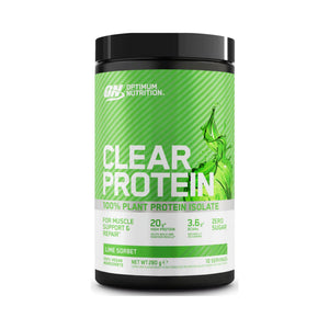 Optimum Nutrition Clear Protein Isolate in Lime Sorbet flavor, in a 280 g black plastic tub with a bright green label and black lid, on a white background.